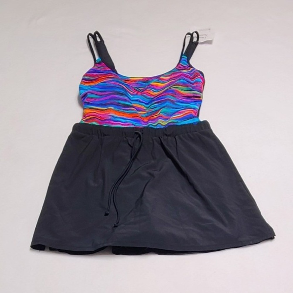 Shape Solver Sport Mimi Flamingo SwimDress Multicolor Wave Print Pockets Size 10